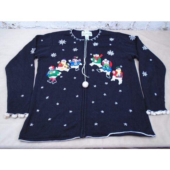 Vintage The Quacker Factory Full Zip Beaded Embroidered Snowman Sweater Size L - Picture 1 of 12